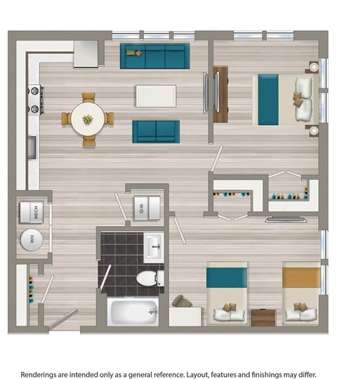 Floor plan for 2 beds, 1 bath, 848 sqft